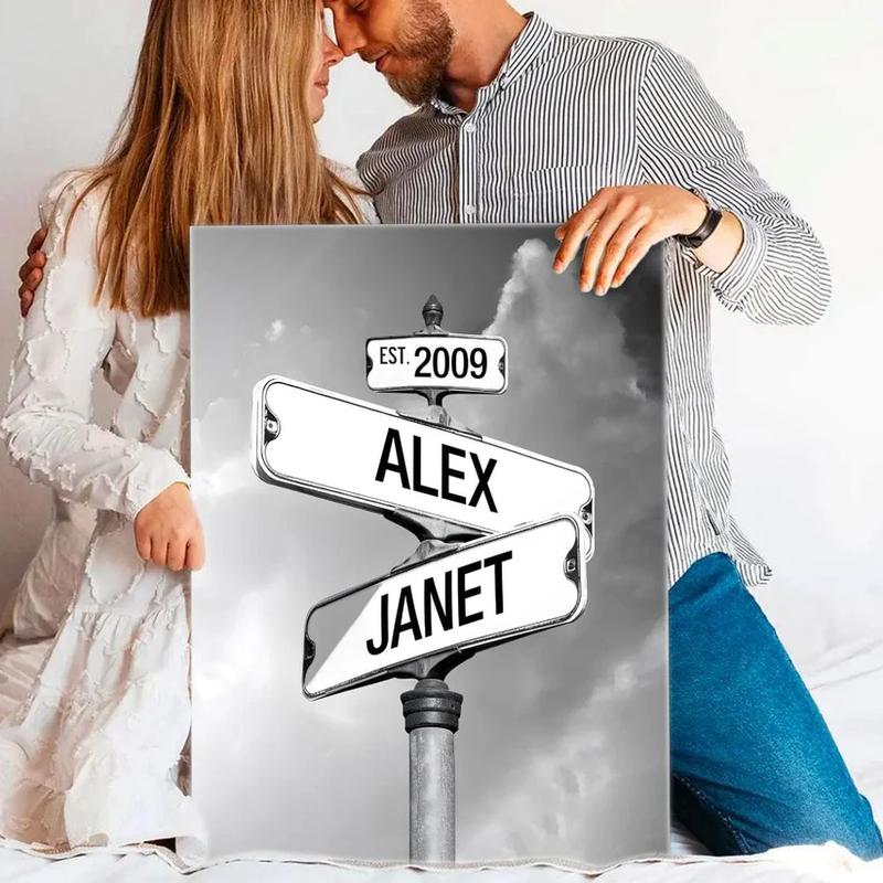 Couples Street Sign Canvas Wall Art Custom Anniversary Couple Canvas Personalized Couple Street Sign Canvas, Crossroads Street Sign Best Gift For Сouple, Custom Name And Wedding Date Vintage Street Sign Canvas Poster Print, Art Canvas Cotton Decor