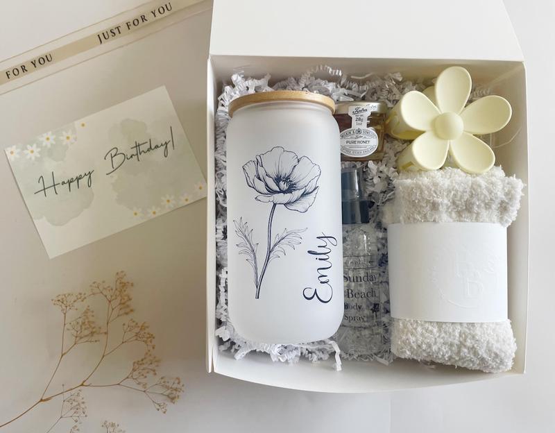 Personalized Birth Flower Birthday Gift Box for Sister Best Friend Gift Birthday Box for Best Friend Custom Glass Cup Gift for Self Care