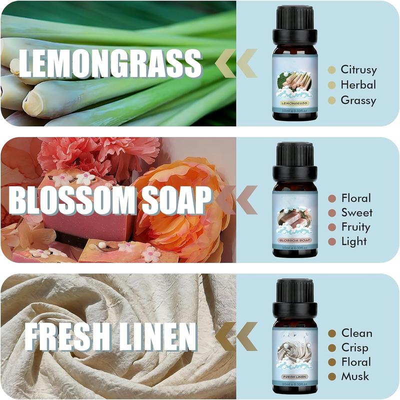 Clean Fragrance Oils Set, Premium Essential Oils for Diffuser for Home, Scented Oil for Soap & Candle Making Scents - Lemongrass, Aloe, Blossom Soap, Fresh Linen, Soft Powder, Cool Cotton