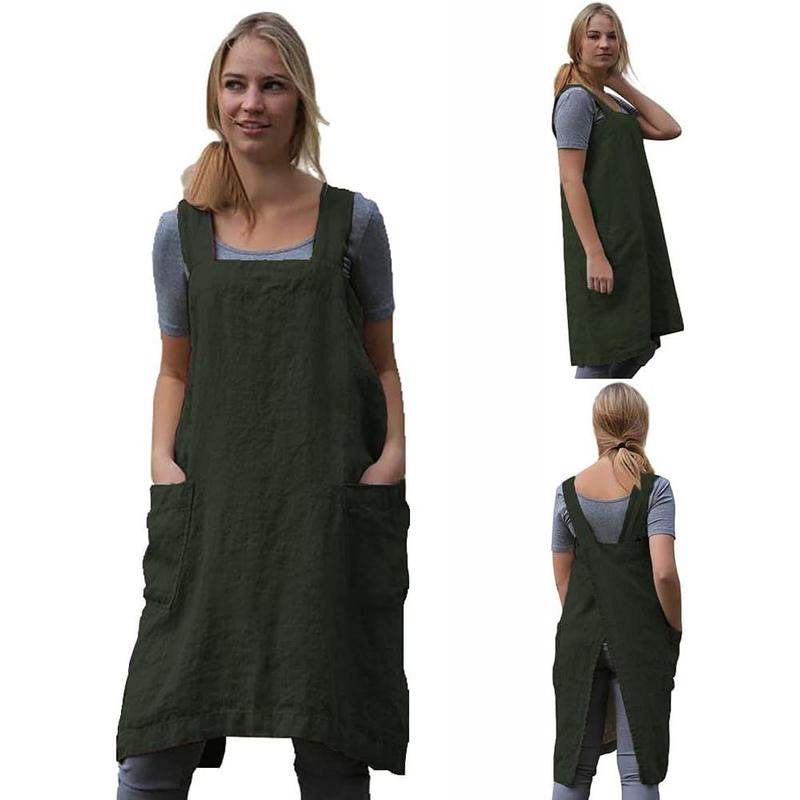 Cotton Linen Apron Cross Back Apron for Women with Big Pockets Square Pinafore Dress for Baking Cooking BBQ & Grill