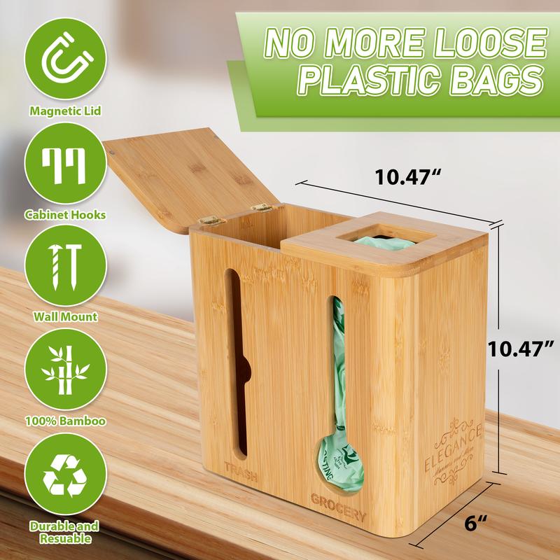 Elegance Grocery Bag Holder & Trash Bag Dispenser - Bamboo 2-in-1 Plastic Bag Holder for Kitchen, Cabinet Organizers and Storage Pack Wall Mounted Pantry - Fits 13 Gallon Boxes Set Set