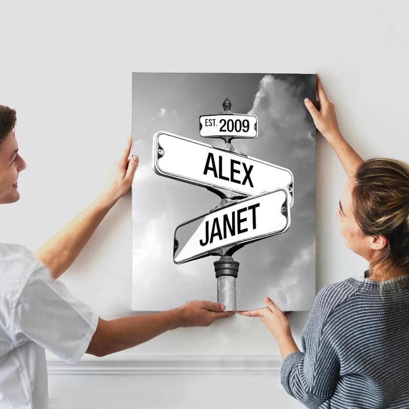 Couples Street Sign Canvas Wall Art Custom Anniversary Couple Canvas Personalized Couple Street Sign Canvas, Crossroads Street Sign Best Gift For Сouple, Custom Name And Wedding Date Vintage Street Sign Canvas Poster Print, Art Canvas Cotton Decor