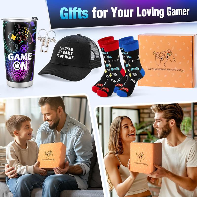 Gamer Gaming Tumbler Gift Set for  Boys Teens Birthday Christmas Gamepad Gift Box for Men Dad Boyfriend Husband Brother Male Friends Video Game Lovers Mug Socks Hat Gift Basket Presents