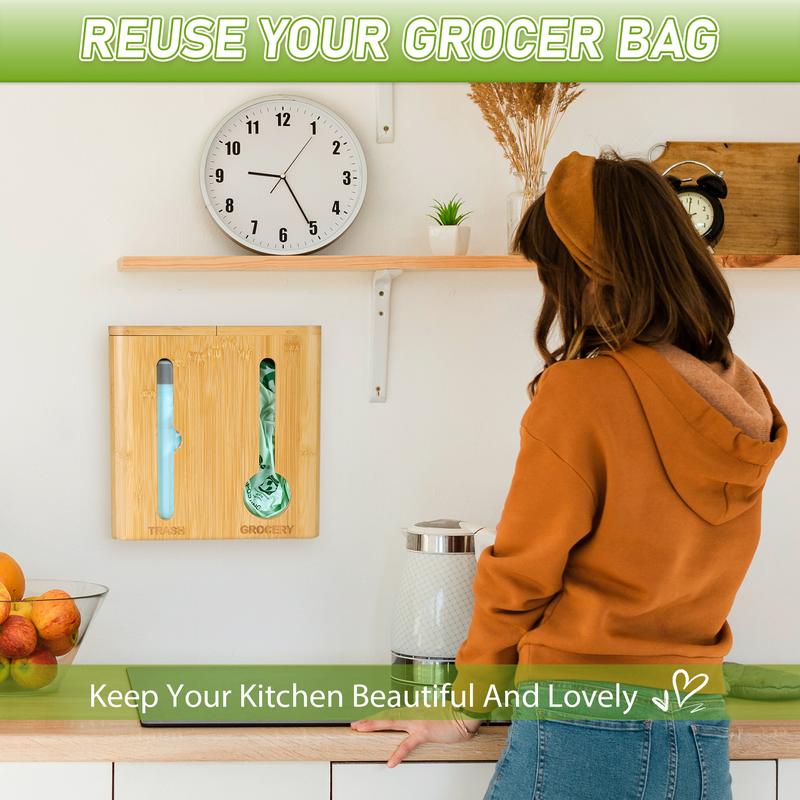 Elegance Grocery Bag Holder & Trash Bag Dispenser - Bamboo 2-in-1 Plastic Bag Holder for Kitchen, Cabinet Organizers and Storage Pack Wall Mounted Pantry - Fits 13 Gallon Boxes Set Set