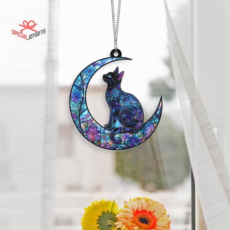 Cat On Moon Window Hanging, Cat Decoration, Cat Lovers Gift, Cat Mom Gift, Cat Decoration, Cat Memorial Gifts, Pet Lover,Wall Art Decoration