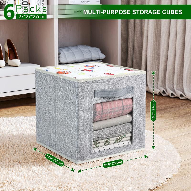 6 Set Storage Cube Baskets 11 Inch - Fabric Storage Bins with Handle and Window, Closet Organizer for Toys, Clothes, Shelves Boxes