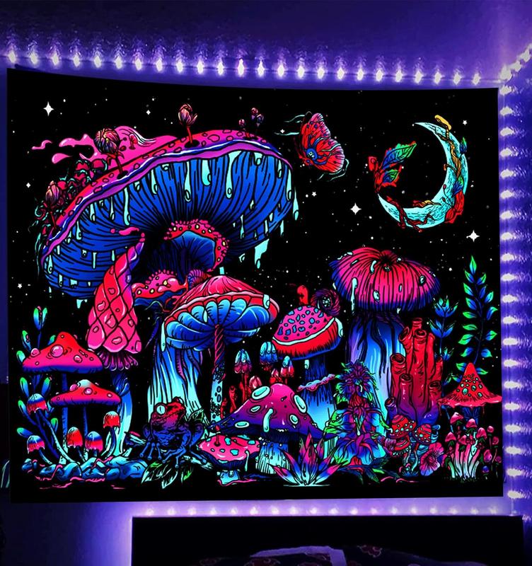 Blacklight Mushroom Tapestry, Glow In The Dark Tapestry Black Light Plant Tapestry Fantasy UV Reactive Mushroom Butterfly Moon Tapestries Posters Wall Hanging for Bedroom Dorm Decor(50