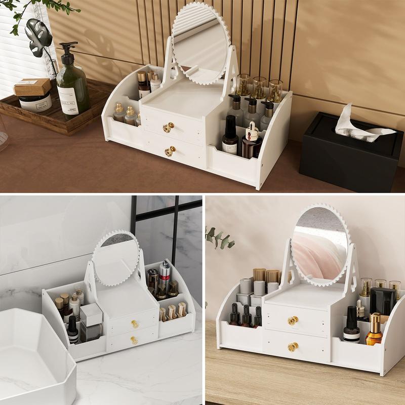 Makeup Storage Organizer for Vanity with Rotating Mirror and 2 Drawers and 4 Compartments