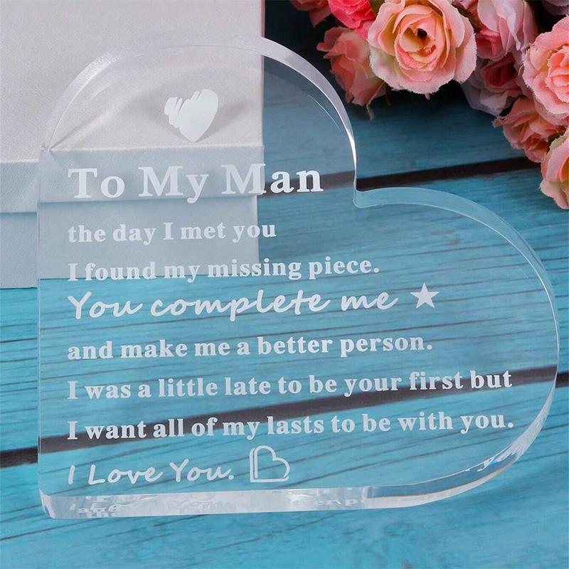 To My Man Gift, 1 Count Letter Pattern Acrylic Heart Shape Keepsake, Birthday Gifts for Boyfriend & Husband, Desktop Ornament for Home & Office