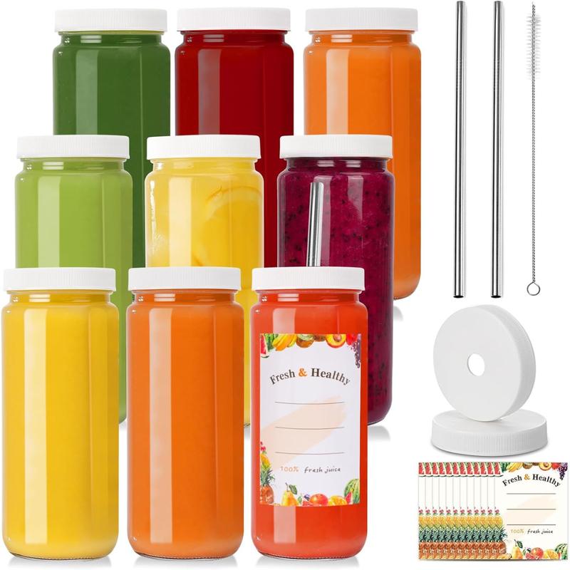 9 Pack 16oz Glass Juice Bottles with Lids, Reusable Glass Juicing Bottles Beverages Drinking Jars with Tamper-proof White Caps Stainless Organiser