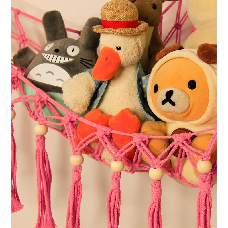 Stuffed Animal Storage Hammock Corner with LED Light - Toy Hanging Organizer Plushie Net - Pink Room Decor for Teen Girls - Cute Bedroom Aesthetic Nursery Hangable Ornaments