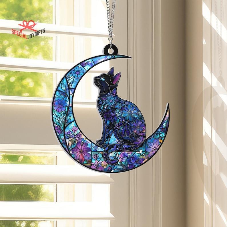 Cat On Moon Window Hanging, Cat Decoration, Cat Lovers Gift, Cat Mom Gift, Cat Decoration, Cat Memorial Gifts, Pet Lover,Wall Art Decoration