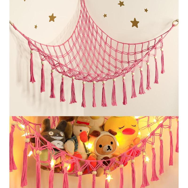 Stuffed Animal Storage Hammock Corner with LED Light - Toy Hanging Organizer Plushie Net - Pink Room Decor for Teen Girls - Cute Bedroom Aesthetic Nursery Hangable Ornaments