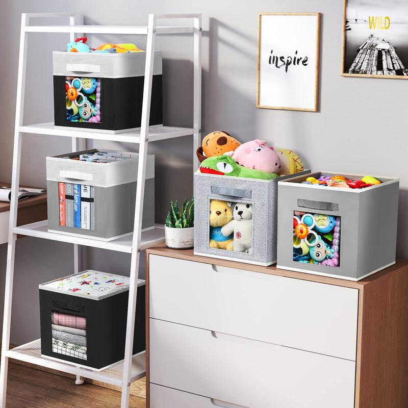 6 Set Storage Cube Baskets 11 Inch - Fabric Storage Bins with Handle and Window, Closet Organizer for Toys, Clothes, Shelves Boxes