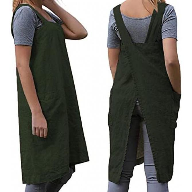 Cotton Linen Apron Cross Back Apron for Women with Big Pockets Square Pinafore Dress for Baking Cooking BBQ & Grill