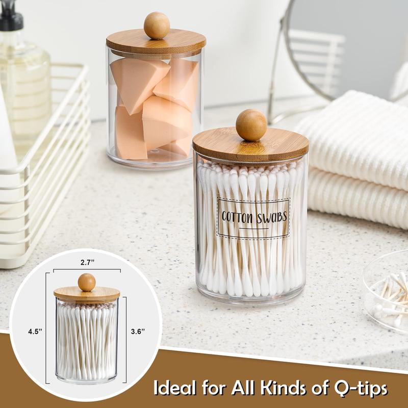 4 Pack Qtip Holder Dispenser with Bamboo Lids - 10 oz Clear Plastic Apothecary Jar Containers for Vanity Makeup Organizer Storage - Bathroom Accessories Set for Cotton Swab, Ball, Pads, Floss