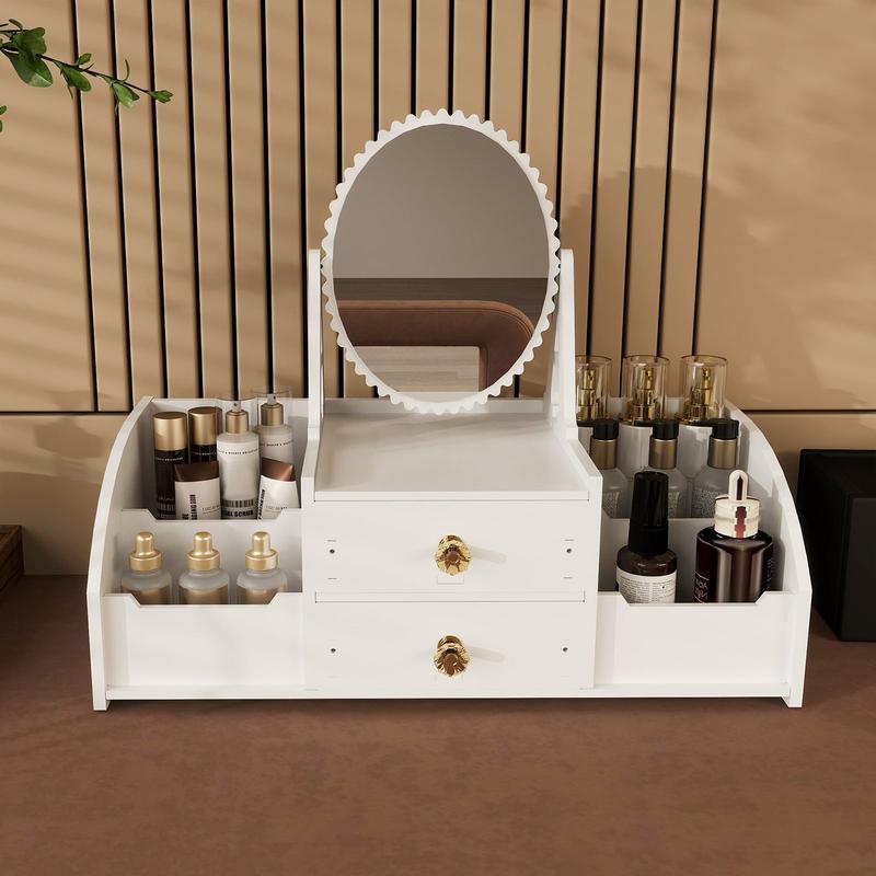 Makeup Storage Organizer for Vanity with Rotating Mirror and 2 Drawers and 4 Compartments