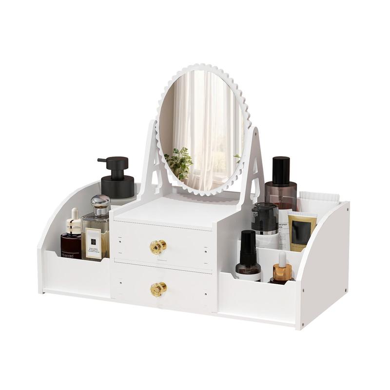 Makeup Storage Organizer for Vanity with Rotating Mirror and 2 Drawers and 4 Compartments