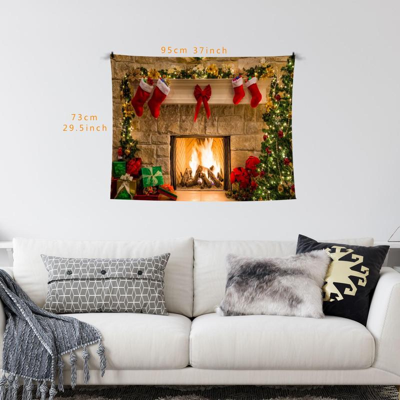 Christmas Themed Tapestry, 1 Count Fireplace Background Wall Cloth, Wall Hanging Decor for Home Living Room Bedroom Study Room