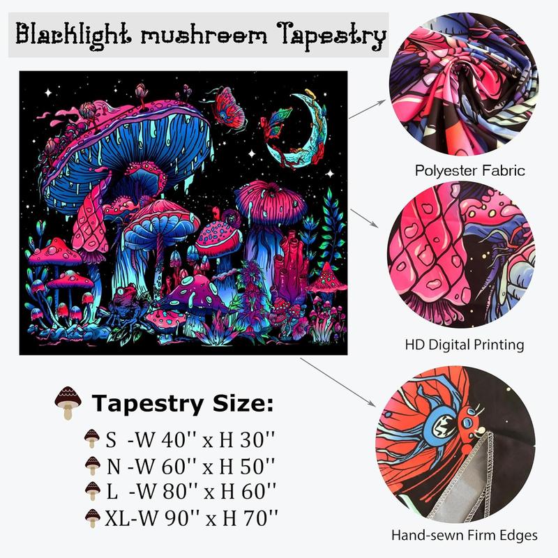 Blacklight Mushroom Tapestry, Glow In The Dark Tapestry Black Light Plant Tapestry Fantasy UV Reactive Mushroom Butterfly Moon Tapestries Posters Wall Hanging for Bedroom Dorm Decor(50