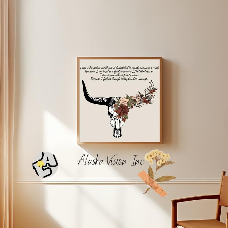 Longhorn Bull Skull With Flower - Fear and Fridays Poster No Frame, Country Music Lyrics, Fear And Friday’s (poem), Western Decor -  Decor Home Decoration