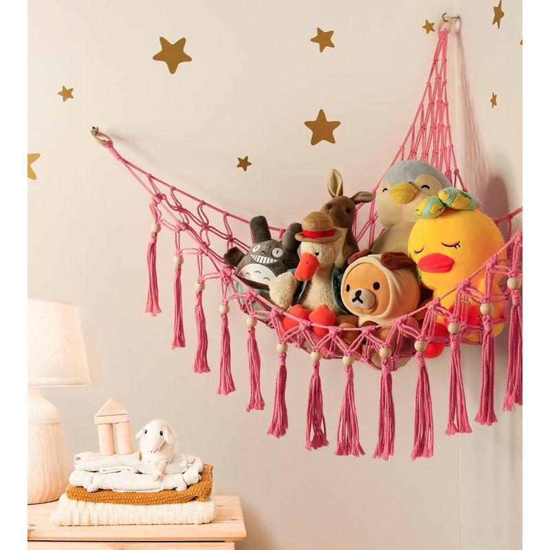 Stuffed Animal Storage Hammock Corner with LED Light - Toy Hanging Organizer Plushie Net - Pink Room Decor for Teen Girls - Cute Bedroom Aesthetic Nursery Hangable Ornaments