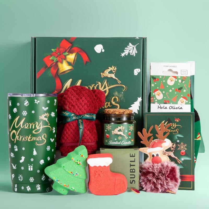 Christmas Gifts Box,Christmas Gifts Basket for Women Men Merry Christmas Gifts Christmas Gift Ideas Christmas Presents xmas Gift Relaxing Bath Gifts Scented Candles Insulated Tumbler Gifts Set