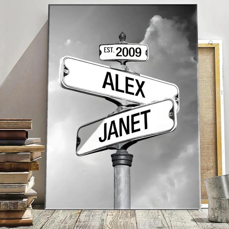 Couples Street Sign Canvas Wall Art Custom Anniversary Couple Canvas Personalized Couple Street Sign Canvas, Crossroads Street Sign Best Gift For Сouple, Custom Name And Wedding Date Vintage Street Sign Canvas Poster Print, Art Canvas Cotton Decor