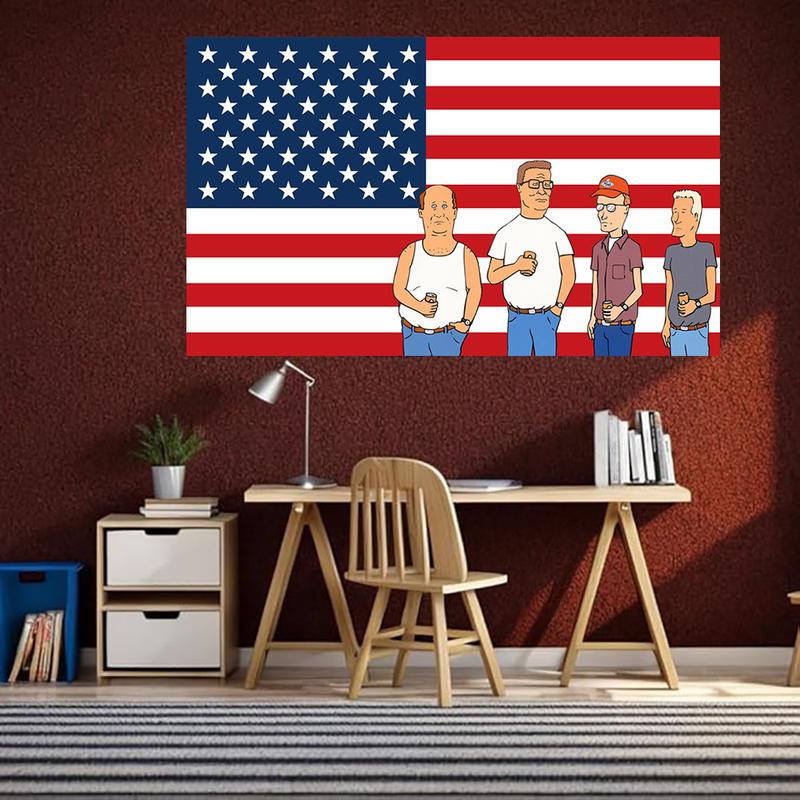 King of the Hill TV Show American Flag Backdrop Anime Cartoon Tapestry 3X5ft with 4 Brass Grommets College Dormitory Bedroom Wall Tapestry Party Backdrop Decoration Indoor Outdoor Tapestry