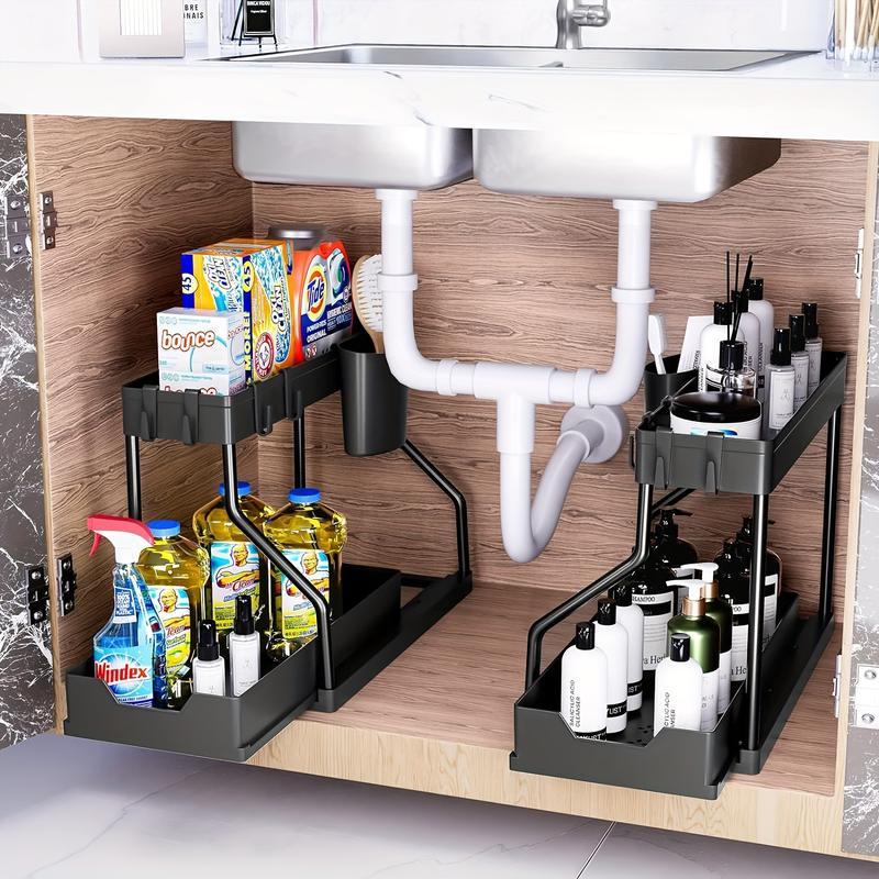 Large Capacity 2-Tier Black Under Sink StorageOrganizer, Kitchen Bathroom Pantry ClosetOrganizer Shelves, Maximizes Kitchen AndBathroom Space With Easy Access Drawers -Perfect Home Organizer And Storage Solution ForHousehold Essentials