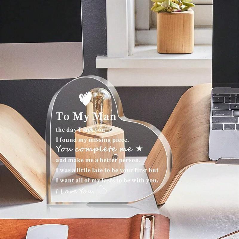 To My Man Gift, 1 Count Letter Pattern Acrylic Heart Shape Keepsake, Birthday Gifts for Boyfriend & Husband, Desktop Ornament for Home & Office