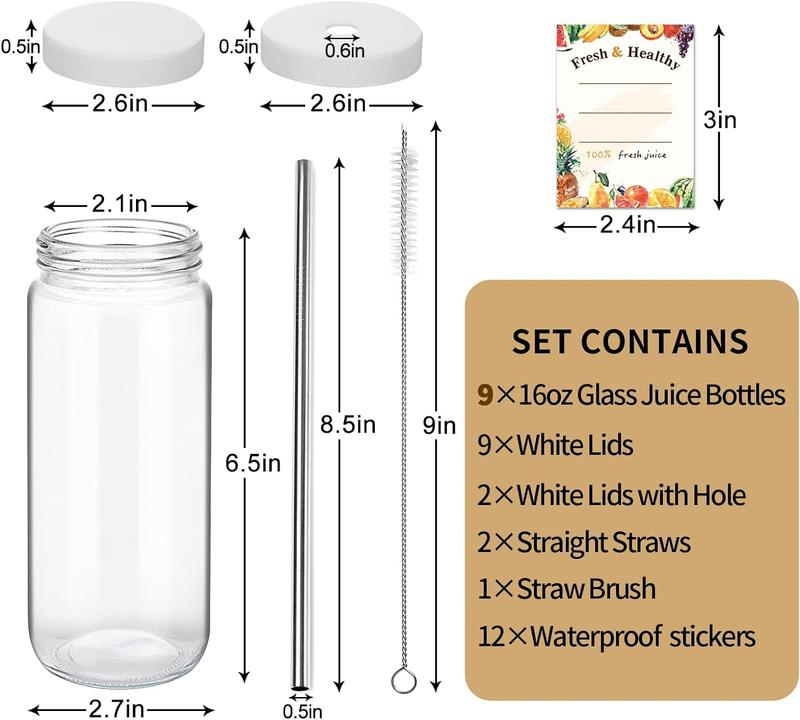 9 Pack 16oz Glass Juice Bottles with Lids, Reusable Glass Juicing Bottles Beverages Drinking Jars with Tamper-proof White Caps Stainless Organiser