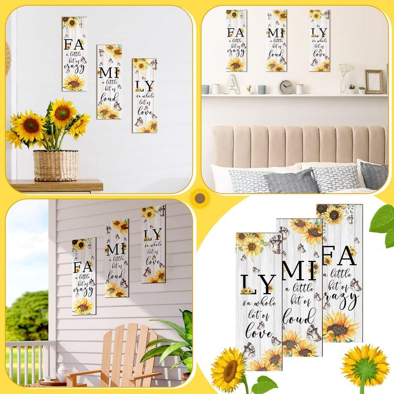 Wooden Letter & Sunflower Pattern Hanging Plaque, 3pcs set Family Rustic Wood Sign, Wall Decor for Living Room Home Office Bedroom