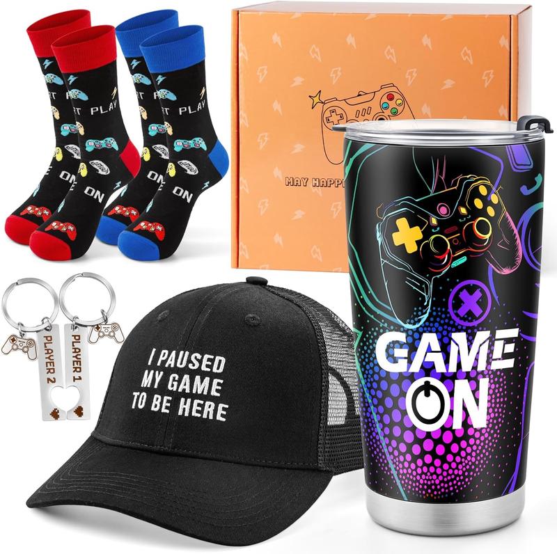 Gamer Gaming Tumbler Gift Set for  Boys Teens Birthday Christmas Gamepad Gift Box for Men Dad Boyfriend Husband Brother Male Friends Video Game Lovers Mug Socks Hat Gift Basket Presents