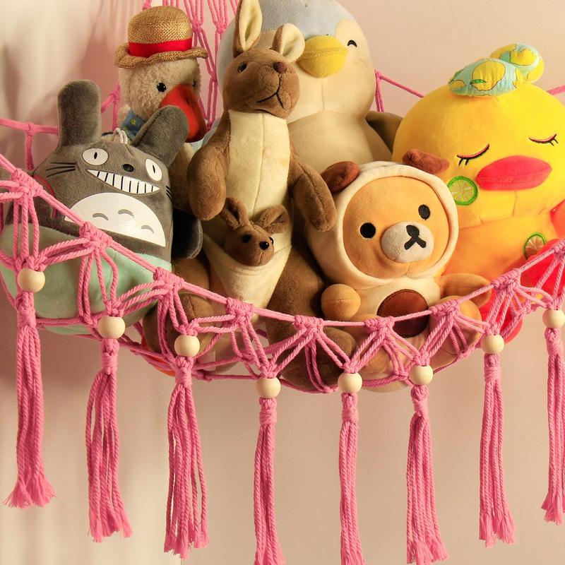 Stuffed Animal Storage Hammock Corner with LED Light - Toy Hanging Organizer Plushie Net - Pink Room Decor for Teen Girls - Cute Bedroom Aesthetic Nursery Hangable Ornaments