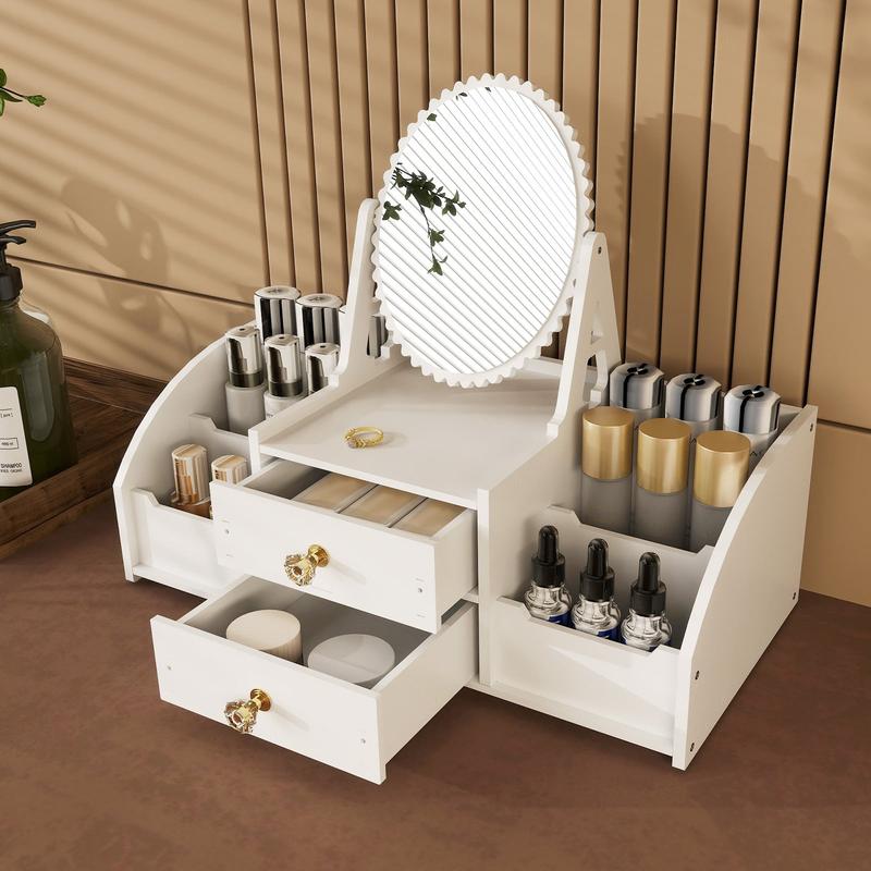 Makeup Storage Organizer for Vanity with Rotating Mirror and 2 Drawers and 4 Compartments