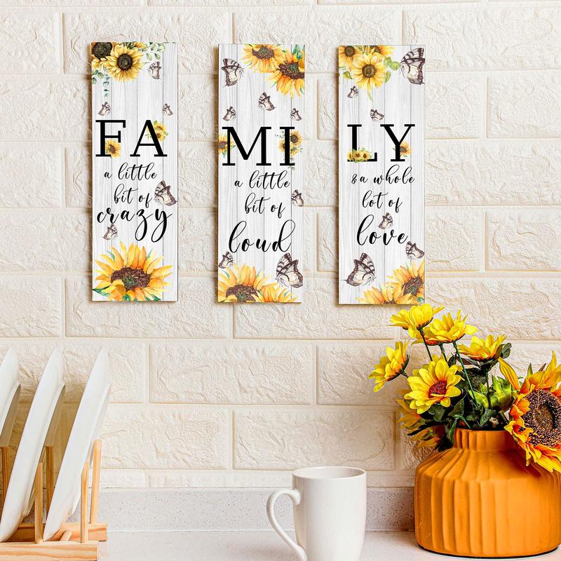 Wooden Letter & Sunflower Pattern Hanging Plaque, 3pcs set Family Rustic Wood Sign, Wall Decor for Living Room Home Office Bedroom