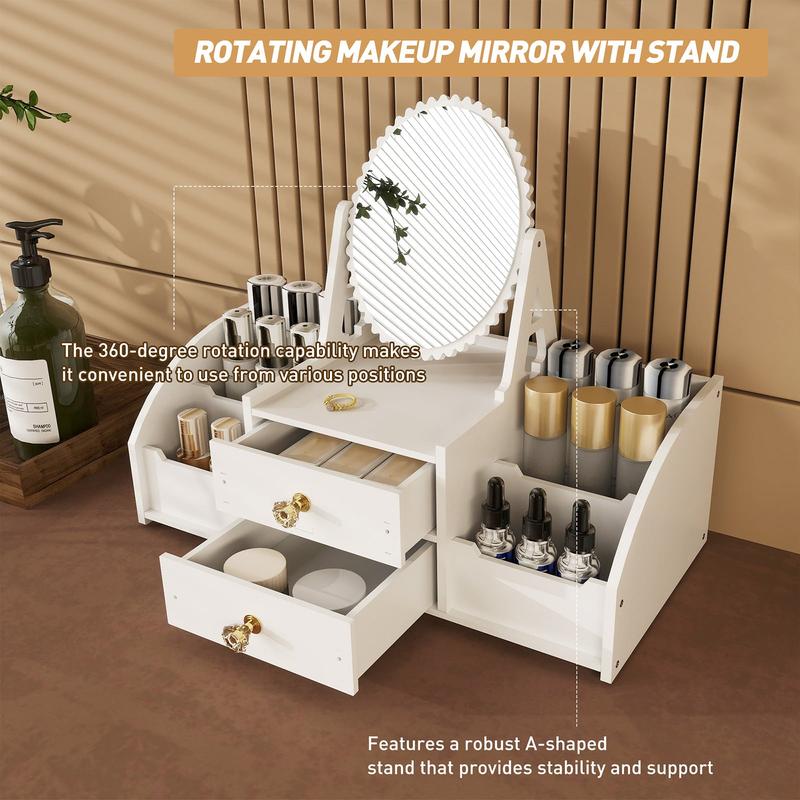 Makeup Storage Organizer for Vanity with Rotating Mirror and 2 Drawers and 4 Compartments