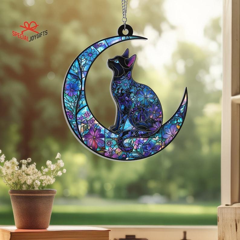 Cat On Moon Window Hanging, Cat Decoration, Cat Lovers Gift, Cat Mom Gift, Cat Decoration, Cat Memorial Gifts, Pet Lover,Wall Art Decoration