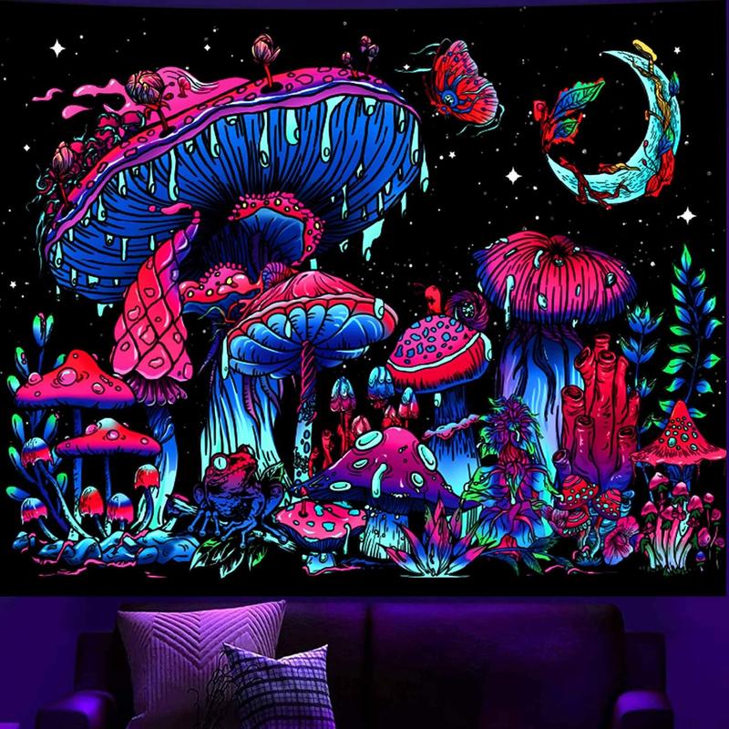 Blacklight Mushroom Tapestry, Glow In The Dark Tapestry Black Light Plant Tapestry Fantasy UV Reactive Mushroom Butterfly Moon Tapestries Posters Wall Hanging for Bedroom Dorm Decor(50