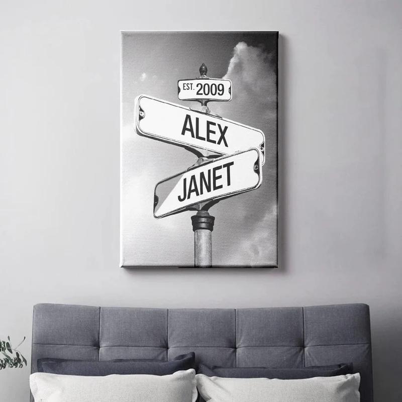 Couples Street Sign Canvas Wall Art Custom Anniversary Couple Canvas Personalized Couple Street Sign Canvas, Crossroads Street Sign Best Gift For Сouple, Custom Name And Wedding Date Vintage Street Sign Canvas Poster Print, Art Canvas Cotton Decor