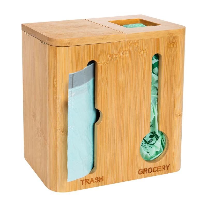 Elegance Grocery Bag Holder & Trash Bag Dispenser - Bamboo 2-in-1 Plastic Bag Holder for Kitchen, Cabinet Organizers and Storage Pack Wall Mounted Pantry - Fits 13 Gallon Boxes Set Set