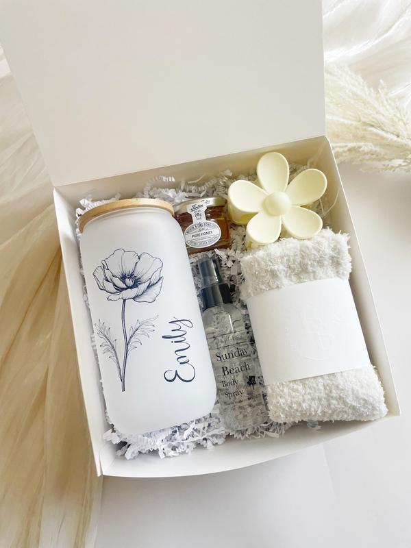 Personalized Birth Flower Birthday Gift Box for Sister Best Friend Gift Birthday Box for Best Friend Custom Glass Cup Gift for Self Care