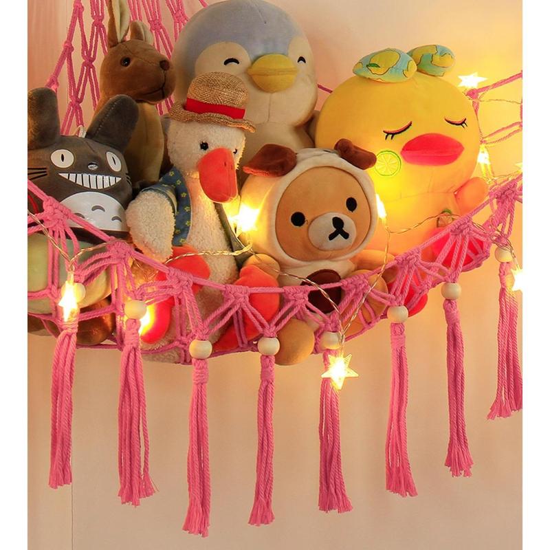 Stuffed Animal Storage Hammock Corner with LED Light - Toy Hanging Organizer Plushie Net - Pink Room Decor for Teen Girls - Cute Bedroom Aesthetic Nursery Hangable Ornaments