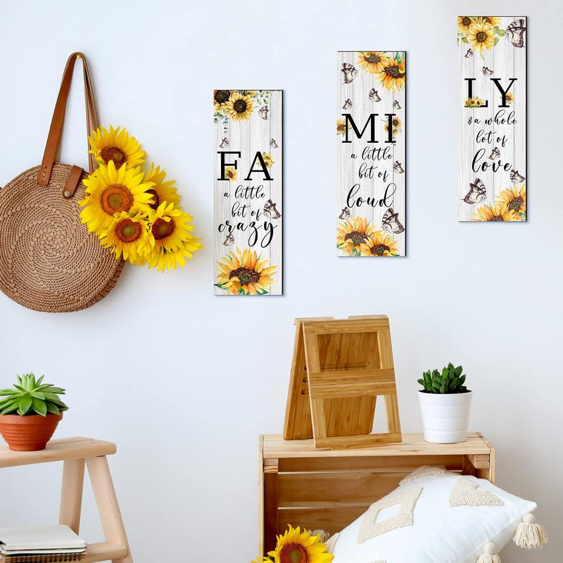 Wooden Letter & Sunflower Pattern Hanging Plaque, 3pcs set Family Rustic Wood Sign, Wall Decor for Living Room Home Office Bedroom