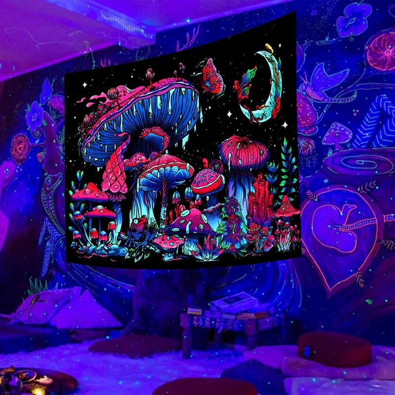 Blacklight Mushroom Tapestry, Glow In The Dark Tapestry Black Light Plant Tapestry Fantasy UV Reactive Mushroom Butterfly Moon Tapestries Posters Wall Hanging for Bedroom Dorm Decor(50