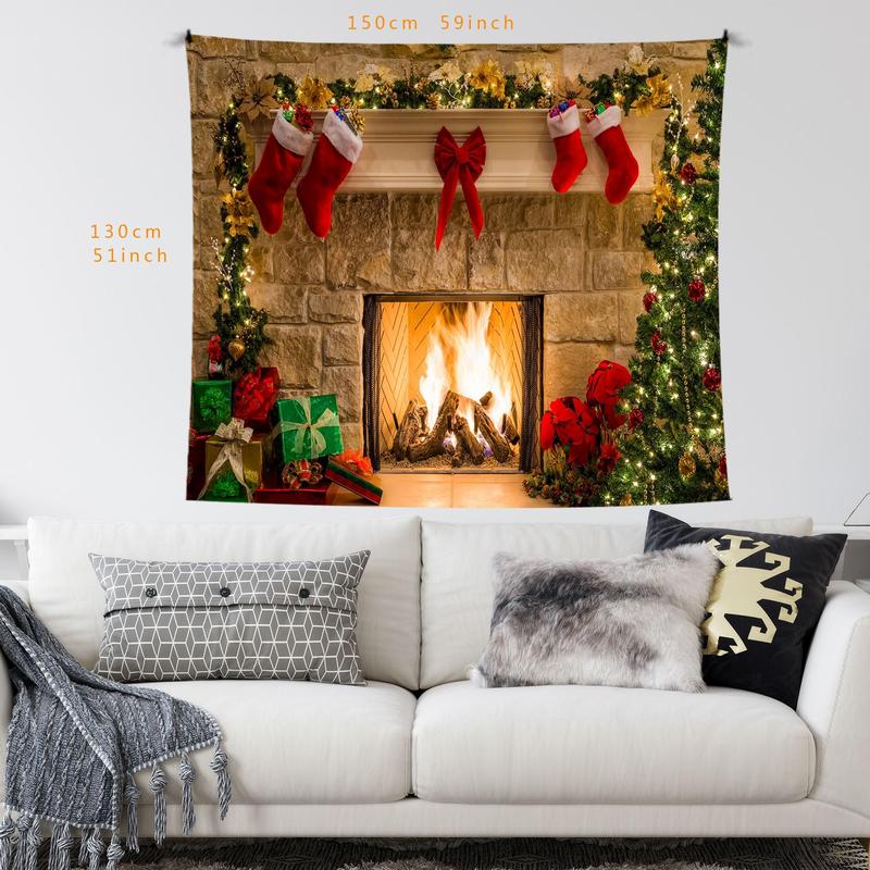 Christmas Themed Tapestry, 1 Count Fireplace Background Wall Cloth, Wall Hanging Decor for Home Living Room Bedroom Study Room