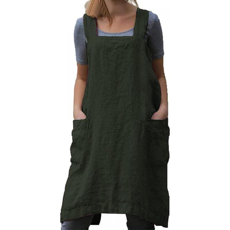 Cotton Linen Apron Cross Back Apron for Women with Big Pockets Square Pinafore Dress for Baking Cooking BBQ & Grill