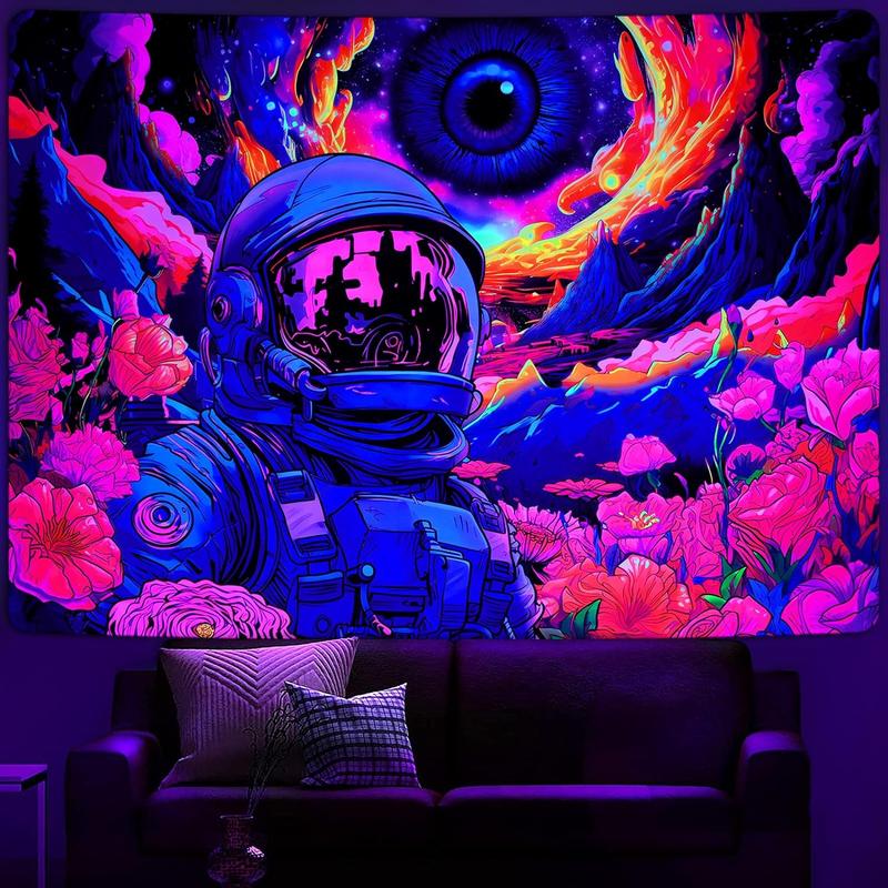 UV Reactive Space Tapestry - Neon Galaxy Astronaut with Flowers Wall Art for Bedroom Decor