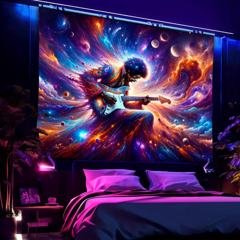  Vibrant Blacklight UV Reactive Guitar Rockstar Tapestry - Immersive Artwork Poster for Dark Party Backdrop, Neon Space Decor, Art Wall Hanging for Bedroom, Living Room, Dorm - Unique Music-Themed Decorative Artwork